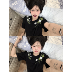 批发重工刺绣_花卉美式短袖t恤男女装2026新款夏季半袖初高中学生上衣