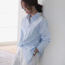 批发纯棉无口袋10个色  早春浅蓝色纯棉衬衫女宽松百搭轻奢高级感