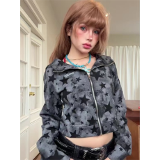 批发美式复古满印星星迷彩<b class='q'>拉链</b>外套女春季新款辣妹短款修身连帽<b class='q'>卫衣</b>潮