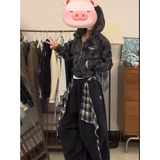 批发美式复古星星满印迷彩<b class='q'>拉链</b>外套女早春秋辣妹<b class='q'>卫衣</b>短款连帽开衫上衣