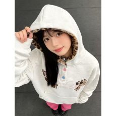 批发纯棉330g 加绒薄款 原版做法 贴布绣 白灰色豹纹设计外套女上衣潮