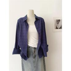 批发轻奢设计感蓝色格子长袖衬衫防晒衬衣女新款爆款早春<b class='q'>通勤</b>韩版上衣