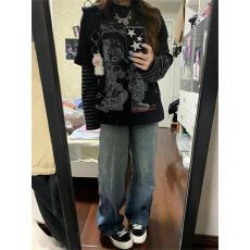 批发原版做工后包领【32支双纱240g纯棉活性黑】印花袖子原版色织上衣