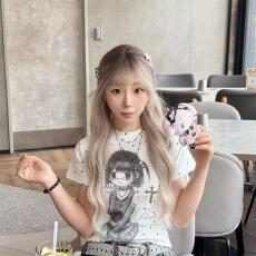 批发【11冰丝螺纹】十字架少女印花短袖T恤女夏季修身新款