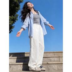 批发蓝色长袖衬衫<b class='q'>女</b>2026春季新款开衫休闲百搭白色<b class='q'>长裤</b>套装松弛感