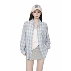 批发蓝色格子衬衫女慵懒风2026春季翻领<b class='q'>韩版</b>防晒服宽松百搭上衣外套