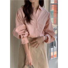 纯棉无口袋10个色  别致粉色衬衫女早春新款法式宽松显瘦长袖衬衣