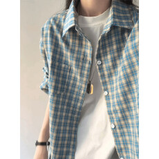 批发美式复古蓝白格子衬衫男款秋季外穿<b class='q'>长袖</b>开衫衬衣cleanfit<b class='q'>情侣</b><b class='q'>外套</b>