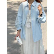 批发<b class='q'>纯棉</b>无口袋10个色 韩系ins风蓝色POLO领衬衫外套女2026夏季小个子