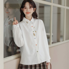 批发大学生2026春季新款学院宽松兔子刺绣翻领白色<b class='q'>长袖</b><b class='q'>衬衫</b>女<b class='q'>衬衣</b>上衣