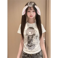 批发1*1冰丝螺纹 二次元波点女孩印花T恤夏季新款修身正肩百搭短袖