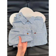 批发纯棉小清新蓝色格子樱桃刺绣衬衫女春秋宽松高级感叠穿开衫衬衣潮