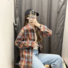 批发春秋季新款衬衫女韩版复古港味POLO领学生格子宽松外套衬衣