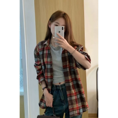 批发美式复古格子长袖衬衫女春秋宽松设计感<b class='q'>百搭</b>小众开衫衬衣新款