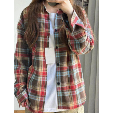 批发美式复古格子长袖衬衫女春季小众个性<b class='q'>百搭</b>法式别致开衫衬衣2026潮