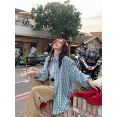 批发韩系慵懒风POLO领长袖<b class='q'>格子衬衫</b>2026春季新款宽松百搭休闲上衣女潮