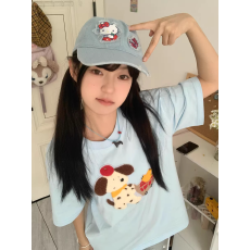 美式可爱卡通小狗刺绣纯棉短袖t恤女夏季2026新款奶蓝色宽松上衣