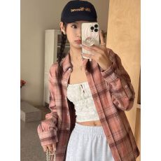 批发幂式穿搭粉色格子衬衫女夏设计感防晒衣外套复古吊带外搭开衫上衣