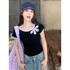 批发40支1*1 92棉8氨纶 镂空花朵短袖t恤<b class='q'>女</b>2026夏季修身显瘦百搭上衣