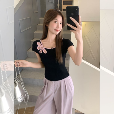 批发40支1*1 92棉8氨纶 镂空花朵短袖<b class='q'>t</b><b class='q'>恤</b>女2026夏季修身显瘦百搭上衣