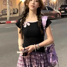 批发40支1*1 92棉8氨纶 镂空花朵短袖<b class='q'>t</b><b class='q'>恤</b>女2026夏季修身显瘦百搭上衣