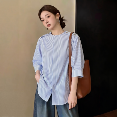批发吾家有衣【质量做工可对比】2026新款春夏浅蓝色条纹七分袖衬衫女