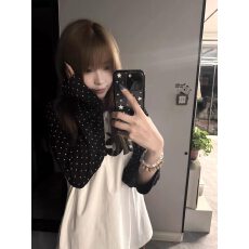 批发吾家有衣 双纱240<b class='q'>纯棉</b>活性黑/已缩水/裁片印波点够白/刺绣 长袖<b class='q'>T</b>