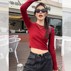 批发1*1纯棉包领长袖t恤新款秋季修身<b class='q'>打底衫</b>设计感短款辣妹上衣