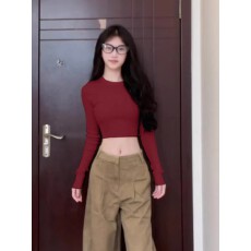 批发1*1纯棉包领长袖t恤新款秋季修身打底衫设计感短款辣妹上衣