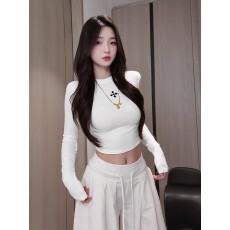 批发1*1纯棉包领长袖t恤新款秋季修身<b class='q'>打底衫</b>设计感短款辣妹上衣