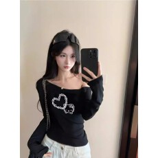 褶皱斜肩长袖美式复古女设计感小众修身露肩长袖t恤辣妹上衣