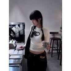 1*1纯棉包领长袖t恤新款秋季修身打底衫设计感短款辣妹上衣