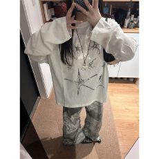 批发防晒罩衫女印花慵懒风<b class='q'>上衣</b>微透长袖斜肩防晒罩衫