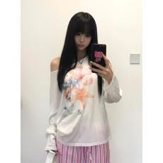 批发防晒罩衫女印花慵懒风上衣微透<b class='q'>长袖</b>斜肩防晒罩衫