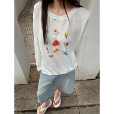 批发防晒罩衫女印花慵懒风上衣微透长袖斜肩防晒罩衫