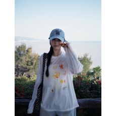 防晒罩衫女印花慵懒风上衣微透长袖斜肩防晒罩衫