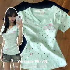 批发1*1纯棉 V领波点短袖正肩常规款短袖 高弹力新款夏季修上衣