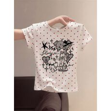 批发1*1纯棉 波点常规款 正肩短袖 高弹力新款夏季修身显瘦洋气上衣