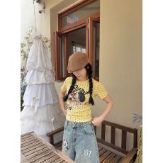 批发1*1纯棉 波点常规款 正肩短袖 高弹力新款夏季修身显瘦洋气上衣