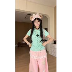 批发1*1纯棉 波点常规款 正肩短袖 高弹力新款夏季修身显瘦洋气上衣