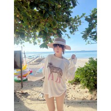 批发防晒罩衫女<b class='q'>印花</b>慵懒风上衣微透长袖斜肩防晒罩衫