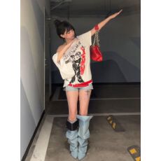 批发美式复古斜肩短袖<b class='q'>t</b>恤女夏季设计感小众宽松露肩辣妹上衣