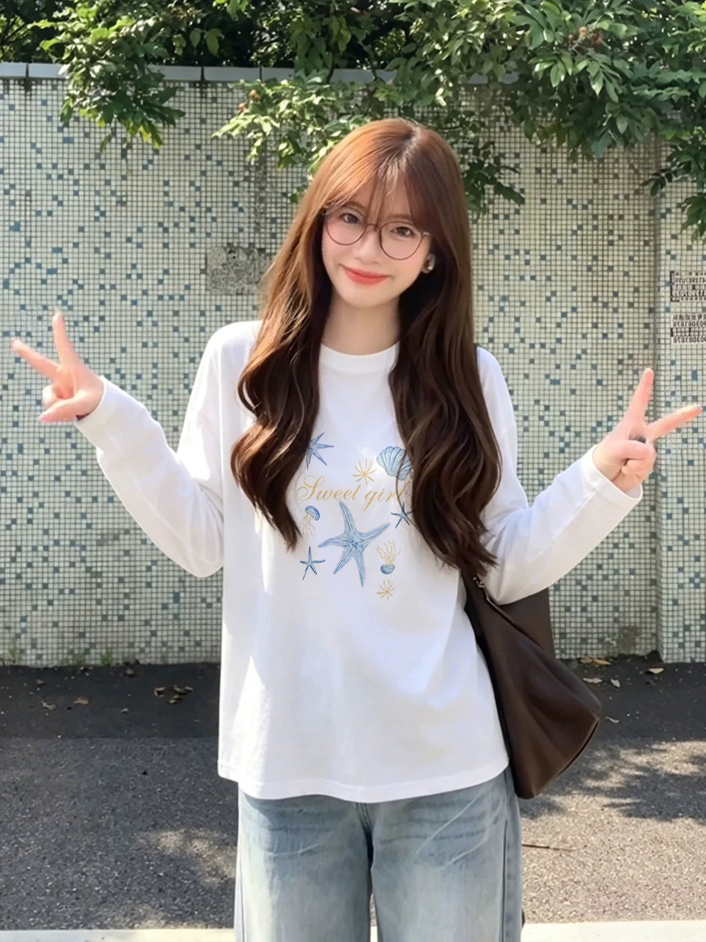 BY33083# 纯棉精梳精密印花秋季宽松长袖T恤女 服裝批發女裝批發服飾貨源