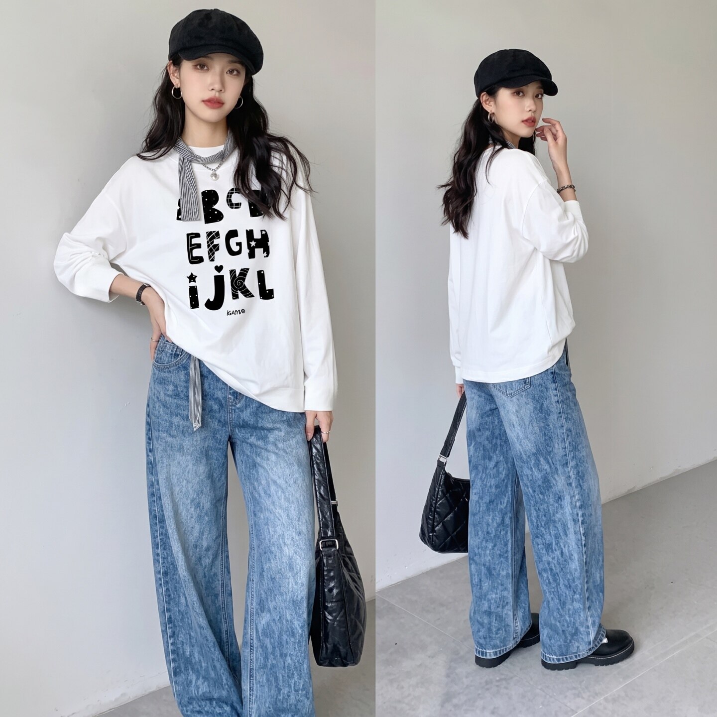 BY33080# 纯棉精梳精密印花秋季宽松长袖T恤女 服裝批發女裝批發服飾貨源
