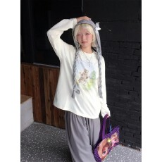 批发纯棉210克精梳精密印花秋季宽松长袖T恤女