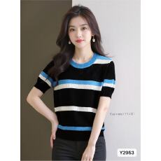 批发气质条纹短袖修身显瘦冰丝针织衫春<b class='q'>夏季</b>新款外穿内搭短款百搭上衣