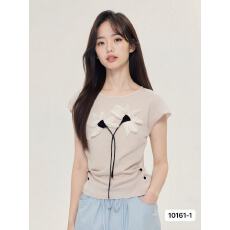 批发2026春<b class='q'>夏</b>季新款韩版时尚洋气交叉收腰褶皱立体花针织短袖百搭上衣