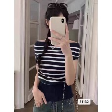 批发一字肩针织<b class='q'>打底衫</b>女撞色<b class='q'>条纹</b>短袖2026夏季新款温柔小衫百搭上衣潮