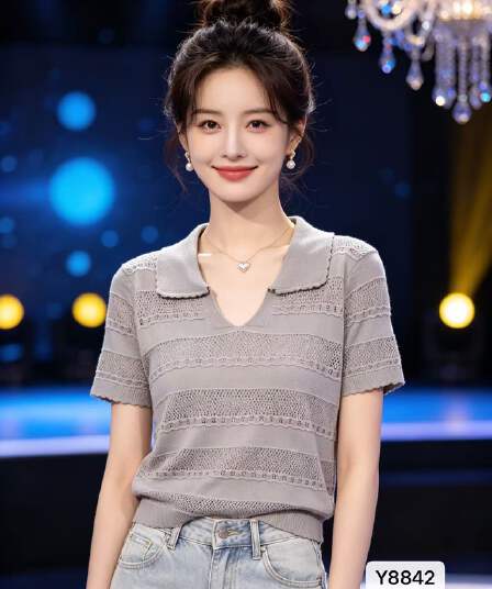 2026 년 여름 새로운 빛 요리 한 바람 뒤집다 V넥 가로 홀로우 아웃 니트 질감 풀오버 반팔 다용도 맨위 여성