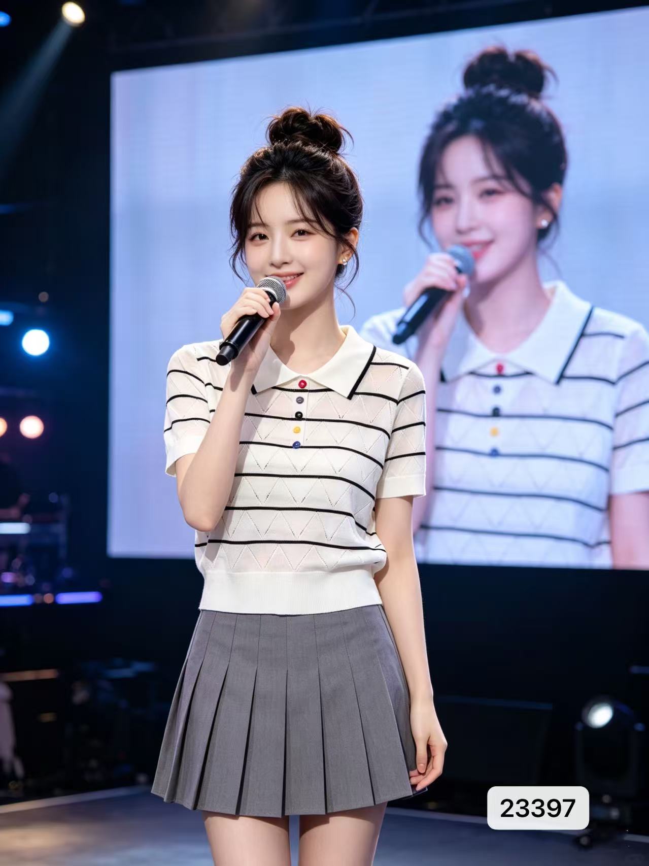 여름 새로운 패션 POLO 칼라 색상 단추 물결무늬 홀로우 아웃 니트 스트라이프 풀오버 반팔 다용도 맨위